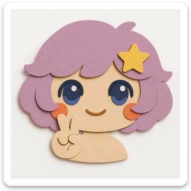 Edit the image to ensure the eyes are exactly the same in color, shape, and style as the reference. Remove the yellow moon from the hair. Remove the body, keeping only the head and the peace sign hand gesture. Preserve all other features and colors exactly as in the reference image, including the yellow star in the hair, hair color, blush, and paper craft style. Clean lines, transparent background. sticker