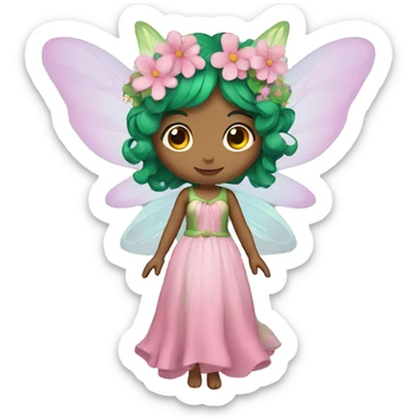 A fairy, green hair, wings, pink dress with flowers  sticker