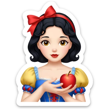 Cinematic Realistic Snow White Portrait, depicted with lifelike skin texture, soft natural lighting, and intricately detailed black hair styled with a red ribbon. Her soft brown eyes radiate innocence and kindness, complemented by a warm, gentle smile. She holds an apple in one hand, her other hand resting against her cheek, embodying her purity and charm. She is dressed in her classic yellow, blue, and red gown, the fabric rich in texture with delicate folds that catch the light beautifully. The portrait features a soft, natural glow with a radiant finish, capturing the essence of timeless beauty in a realistic and painterly style. sticker