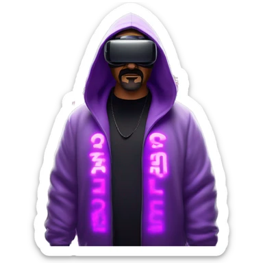 Big Lebowski wearing a black hoodie with "OMG" letters on it and VR headset oculus quest 2 in a cyberpunk VR environment with violet neon lighting. sticker
