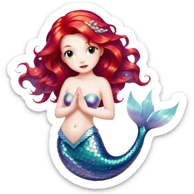 Cinematic Realistic Red Hair Mermaid Portrait, depicted with lifelike porcelain white skin that glows with an ethereal radiance, enhanced by soft underwater lighting. Her intricately detailed, flowing red hair cascades like liquid fire, framing deep, soulful eyes that mirror the mysteries of the deep sea. Accented by shimmering, iridescent scales and delicate aquatic embellishments, the portrait features an enchanting underwater glow that marries realism with mythic ocean elegance. sticker