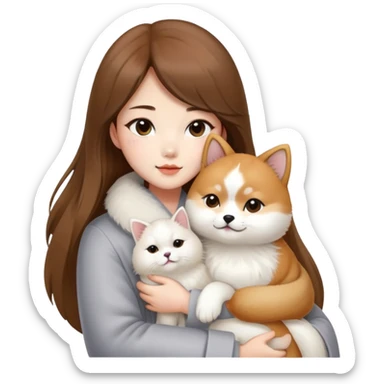 A Chinese fashion girl with brown hair, wearing a light gray fur coat, hugging a Shiba Inu and a long-haired white Persian cat. sticker