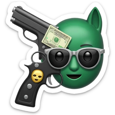 Un emoji con una mascara negra con una pistola pequeña en la mano y que en la otra mano tenga una paca de billetes sticker