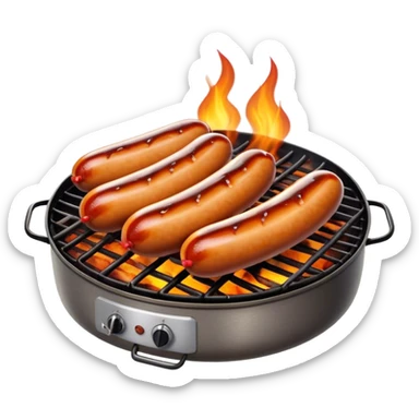 Cinematic Realistic Sausage Sizzle Dish Emoji, featuring sizzling sausages cooking over an open flame rendered with dynamic textures and warm, smoky lighting. sticker