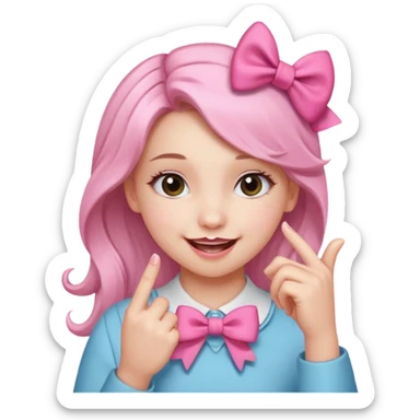 Chica sonriendo con un lazo rosa en la cabeza y mordiendose la punta del dedo indice con delicadeza y la otra mano que no salga sticker