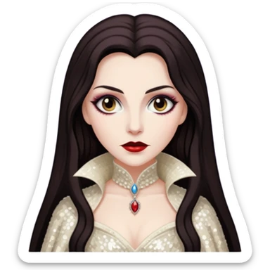 Countess Dracula with long dark brown hair, ivory sequin outfit  sticker