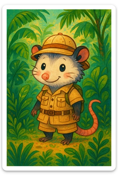 cute cartoon possum dressed up for a safari in the jungle, in a distinct artistic style sticker
