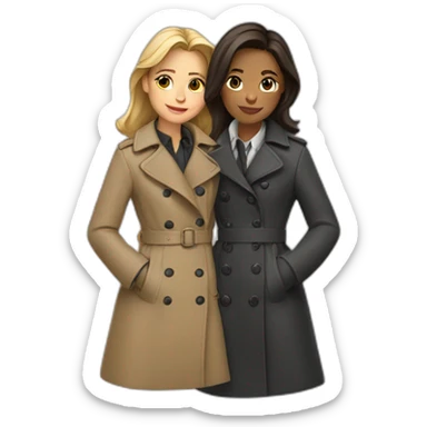 Two girls  shoulders riding in one trench coat sticker