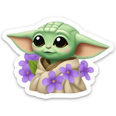 Baby yoda with purple flowers sticker