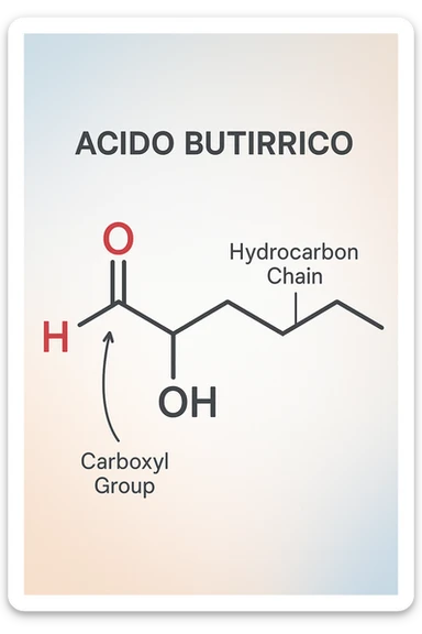 the acido butirrico molecule floats in the center, with animated arrows or labels pointing to the carboxyl group and the hydrocarbon chain. The background is a soft gradient, and the overall style is clean, professional, and suitable for educational materials. sticker