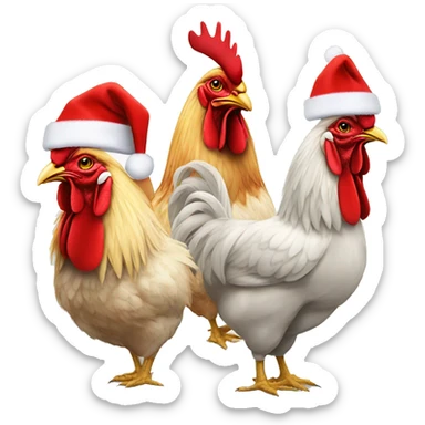 One rooster and two hens wearing Santa hats. sticker