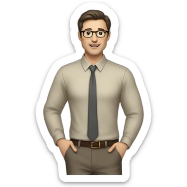 Full height Actively gesturing with hands Pale skinned fit man with dark brown hair in gray jacket, beige office shirt, brown tie, brown pants and vintage glasses. sticker