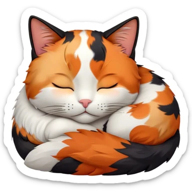 Meme-Worthy Cute Sleeping Calico Cat Portrait Emoji, Head resting peacefully with a content, gentle smile and softly closed eyes, featuring a delicate patchwork fur in vibrant orange, black, and white hues, simplified yet irresistibly endearing, highly detailed, glowing with a soft, drowsy radiance, high shine, exuding relaxed and utterly lovable charm, styled with a gentle, soft glowing outline, capturing the essence of a sleeping calico cat that appears destined to become a viral icon of adorable rest! sticker
