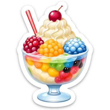 Taiwanese shaved ice dessert with boba, fruit, and condensed milk sticker