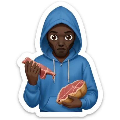 MF DOOM in a blue hoodie holding a piece of meat sticker