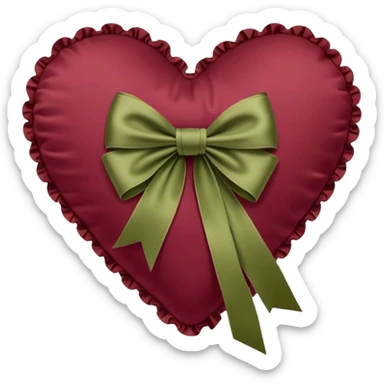 Burgundy heart shaped pillow with ruffles and olive color bow sticker