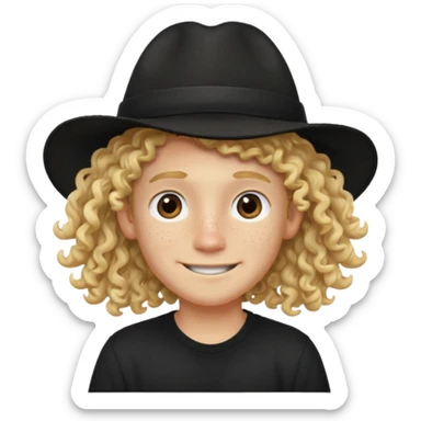blonde boy with long curly hair past his hears and a LA hat, smiling, wearing a black shirt with freckles sticker