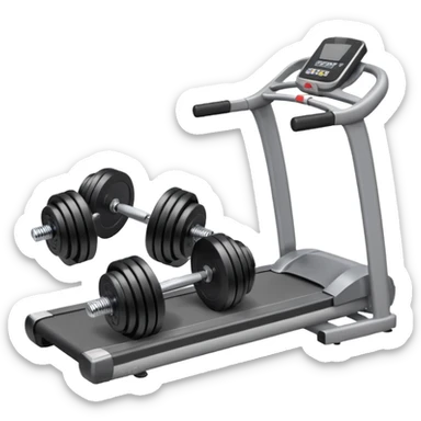 Two heavy dumbbells side by side on the floor in front of a treadmill sticker