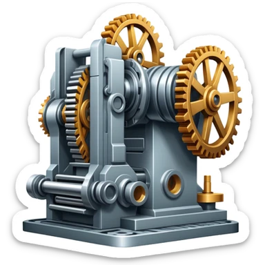 An icon featuring a giant machine tool in a factory workshop, symbolizing mechanical engineering. The design includes gears, levers, and mechanical components, representing the design and manufacturing of machinery. Transparent background highlights the precision sticker