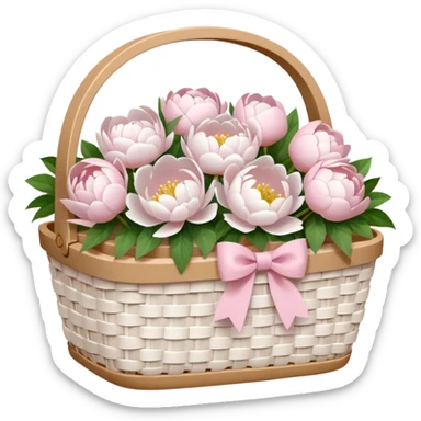 White Picnic basket with light pink bow and white peonies inside sticker