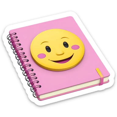 libreta de anillos rosada en perspectiva isometrica con sticker de carita feliz amarilla sticker