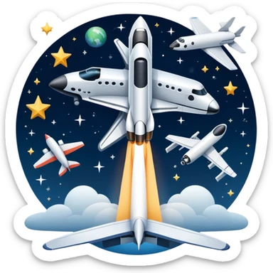 An icon featuring a space shuttle, a drone, and an airplane against a starry sky, symbolizing aerospace technology. The design includes rocket boosters and satellite orbits, representing the exploration of space and advanced aviation. Transparent background sticker