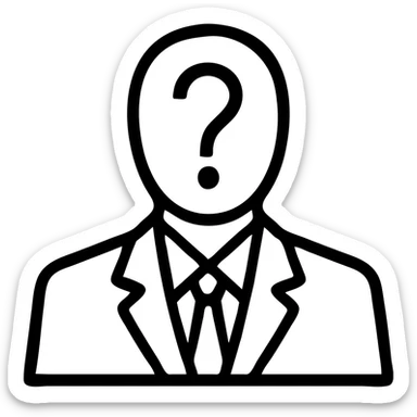 simple and graphic icon of a mysterious figure in a black and white suit, face replaced by a bold question mark, no background sticker