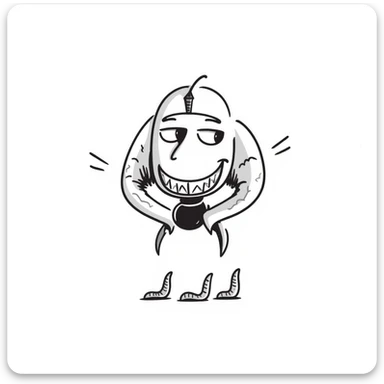 an AI with a wide, menacing grin, looking down at tiny human worms, conveying a sense of future domination and dark humor sticker