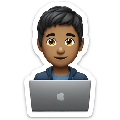 Draw a 10 year old boy with dark hair typing on a laptop, Memoji sticker