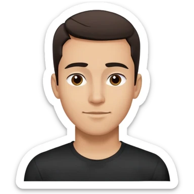Young man with light brown skin, elongated face, defined jawline, medium dark eyes, arched eyebrows, straight nose, friendly expression, short dark hair styled upward, athletic build, wearing a fitted black t-shirt sticker