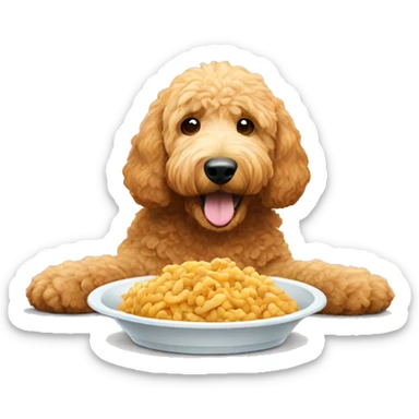 Golden doodle eating his food sticker