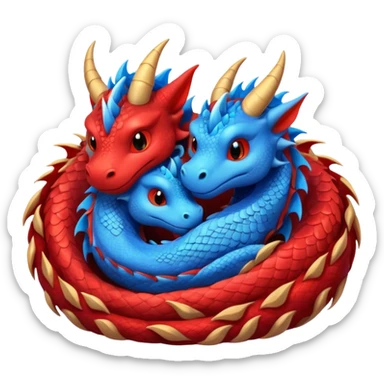 A pair of adorable red and blue dragons asleep in their den. sticker