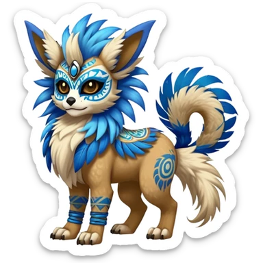 Furry cute colorful exotic tribal feral anime-styled Fakémon-Pokémon-animal-creature with a skull mask, and a feather-mane-collar, and blue feathers, with long furry ears, long furry tail, 4 legs, (full body), with intricate pattern-markings sticker