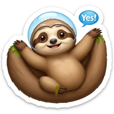 A laying down sloth saying yes in a talking bubble sticker