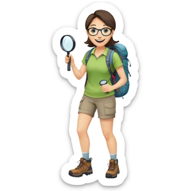 Extremely happy joyful woman in her late 30s with glasses wearing sporty outfit, hiking boots, and backpack, holding a magnifying glass with big smile sticker
