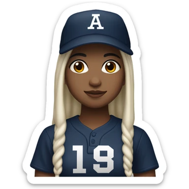 white skin with black long hair girl wearing navy ballcap emblazoned with a red G initial and wearing baseball uniform sticker