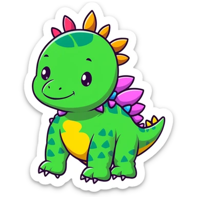 A cartoon baby stegosaurus toy with a cute onesie and tiny colorful spikes sticker