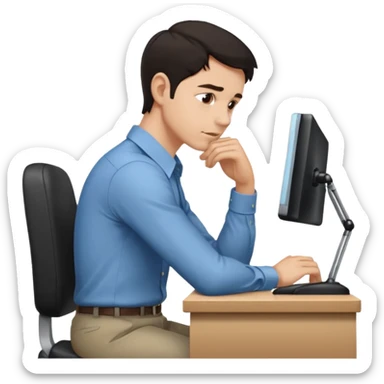  iOS emoji style - Side profile of a man with dark hair and wearing a collared-shirt. He sits with hunched posture at a desk. sticker