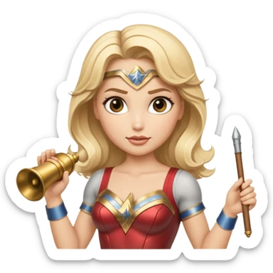Blonde Wonder Woman holding bell and short white orchestra conductor’s baton  sticker