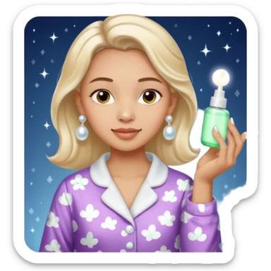 Clean girl aesthetic emoticons, apply skincare products, pearl earrings, glowing skin, pajamas, soft lighting sticker
