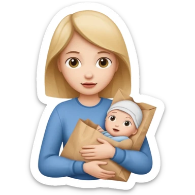 A woman cradling a paper bag like a baby sticker