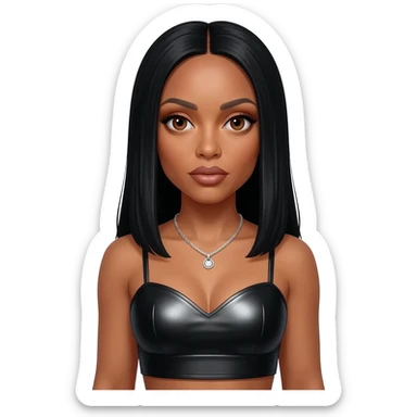 Aaliyah with brown eyes, long straight black hair, black metallic sweetheart crop top, silver necklace sticker