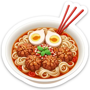 Fuzhou Lychee Pork Noodles with meat sauce and noodles, simplified emoji style with bold outlines and bright colors, cartoon style Fujian specialty Ban Mian sticker
