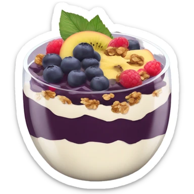 Açaí in a clear cup with layers of fruits and granola and condensed milk sticker