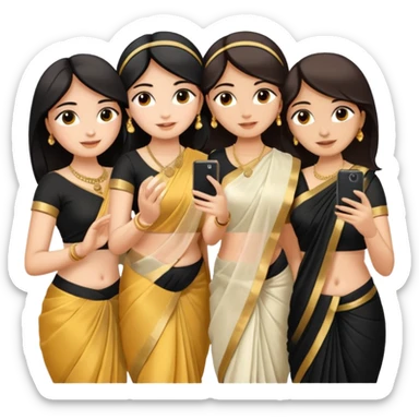Three girls taking selfie one is wearing white saree second is wearing golden saree and the third is wearing black saree sticker