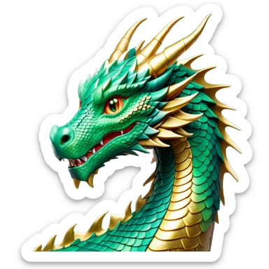 cinematic-noble-dragon-portrait-emoji,-poised-and-majestic,-with-a-sinuous,-elongated-body-covered-in-intricately-detailed,-shimmering-scales-in-hues-of-emerald-and-gold,-and-piercing,-fiery-eyes-that-reflect-ancient-wisdom; sticker