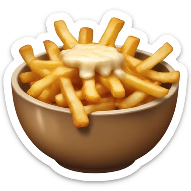 Bowl with fries and cheese curds on top covered in gravy sticker