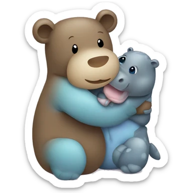 teddy bear hugging a baby hippo sticker