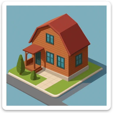 isometric illustration of the building. 3D isometric infographic design. Clean lines, bright and saturated colors, minimal unnecessary details. View from above at an angle (isometric), showing the roof, facade, and part of the surrounding area. Soft shadows, daylight lighting, no harsh contrasts. Background should be solid (blue, gray, or light tone). Add a small area around the building (roads, tiles, grass) so the building looks complete. Accurately represent the architectural features of the building (roof shape, facade, colors). Final style should be neat and polished, similar to posters or educational infographics. sticker