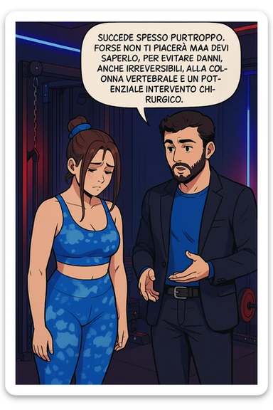 fai questa immagine in versione fumetto/manga/webtoon a colori, il manga mostra l'uomo che risponde alla donne:
Succede spesso purtroppo. 
Forse non ti piacerà ma devi saperlo, per evitare danni, anche irreversibili, alla colonna vertebrale e un potenziale intervento chirurgico. sticker